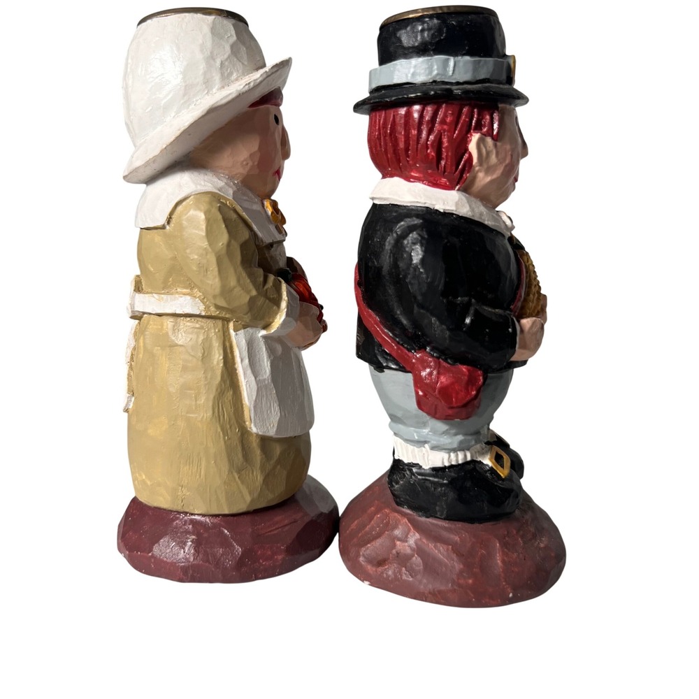 Vintage Teleflora Thanksgiving Pilgrim Figurines Candle Holder Set Resin 2pc - Picture 11 of 12